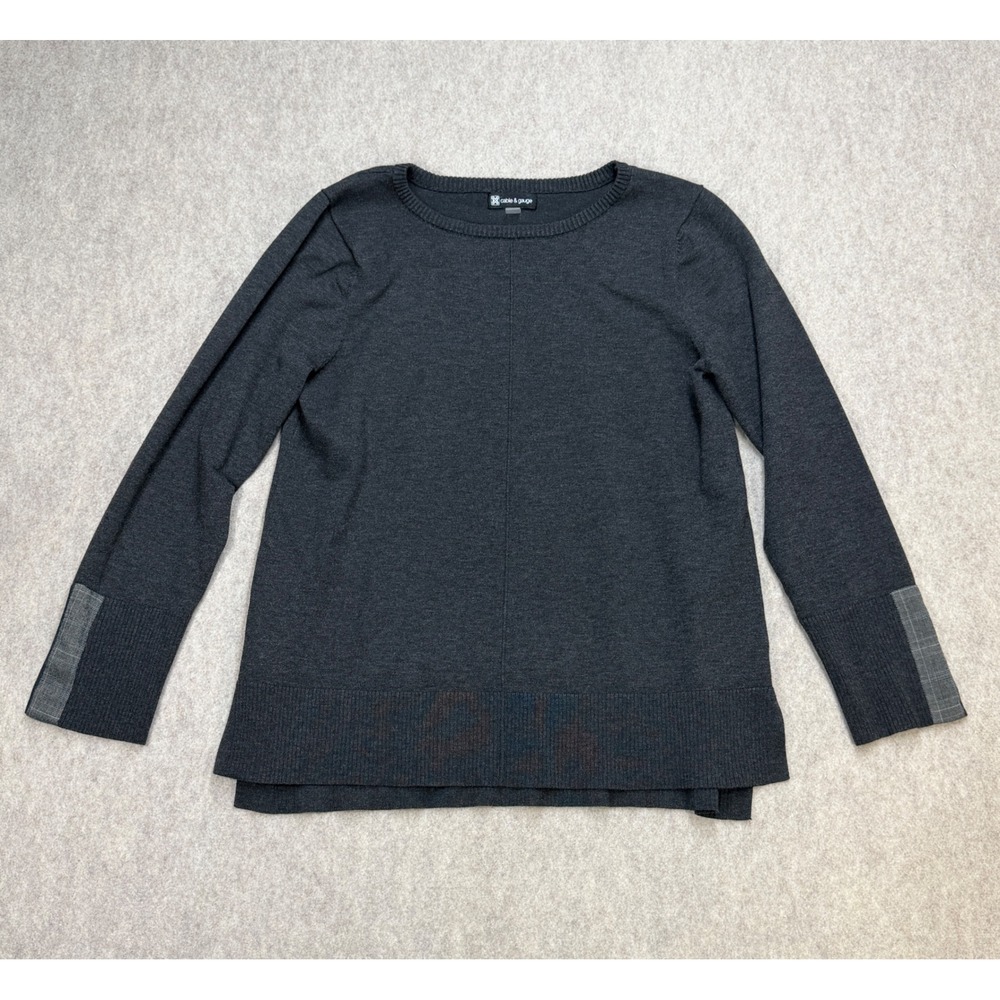 Sweater Women XL Gray Cable & Gauge Academia Minimalist Crewneck Plaid Accent